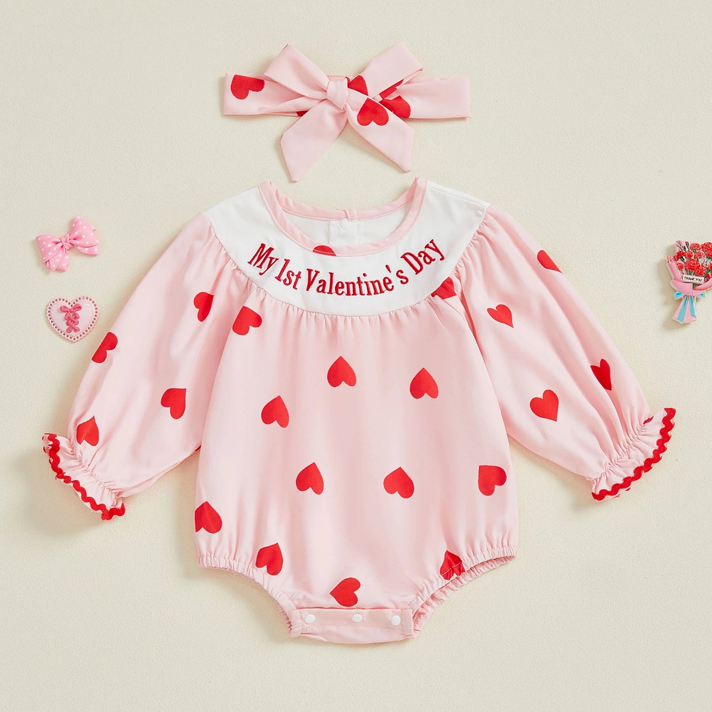 Baby Girl 2Pcs My 1st Valentine's Day Romper with Heart Print and Letter Embroidery Long Sleeve Infant Jumpsuit with Matching Headband Set