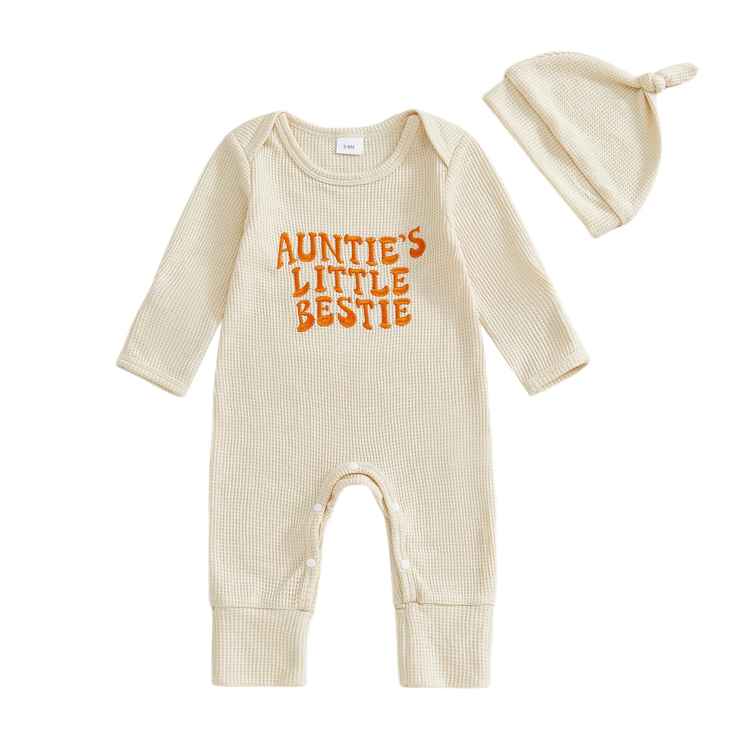 Baby Boys Girls 2Pcs Auntie's Little Bestie Fall Outfits Long Sleeve Letter Embroidery Jumpsuit with Hat Set Clothes