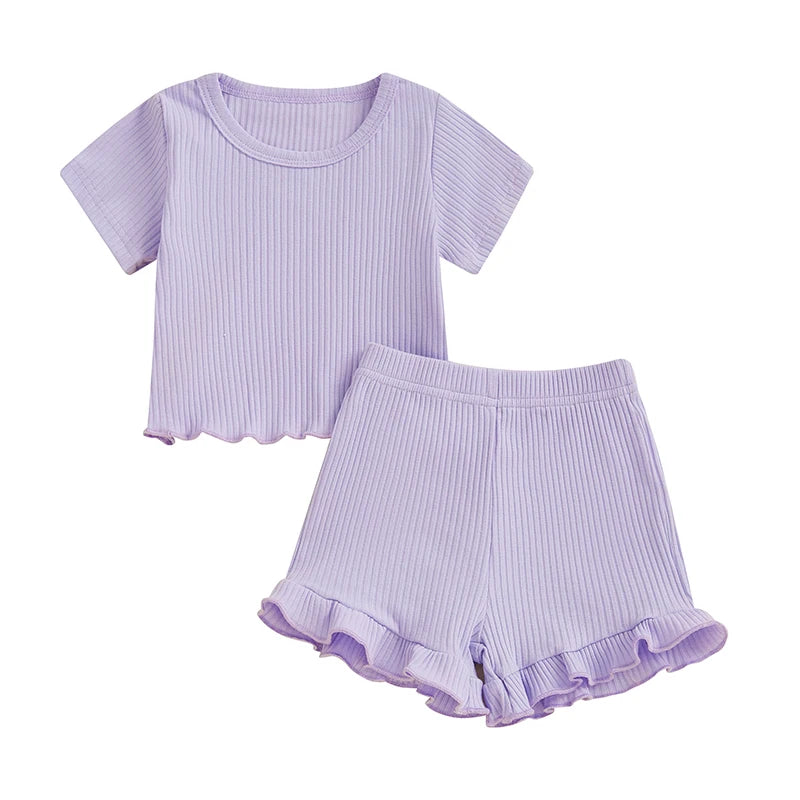 Baby Toddler Girls 2Pcs Ribbed Outfit Solid Color Short Sleeve T-Shirt Top Elastic Waist Ruffle Shorts Set