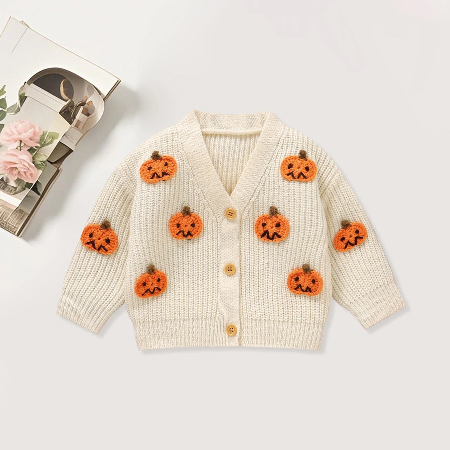 Baby Toddler Boys Girls Knit Cardigan Cute Halloween Pumpkin Embroidery Fall V Neck Long Sleeve Button Up Sweater Top