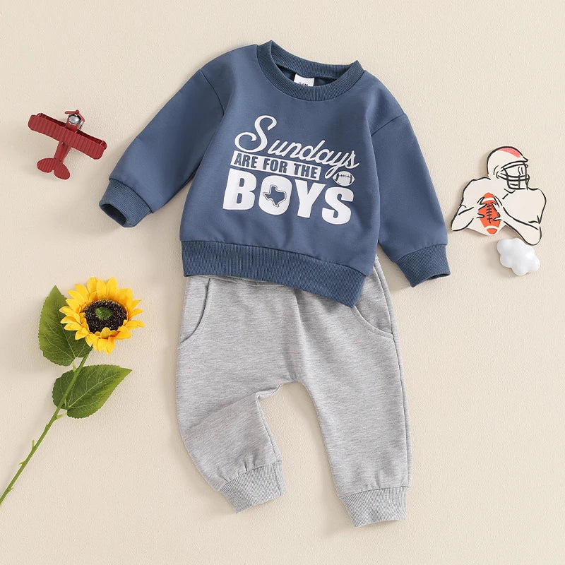 Baby Toddler Boys 2Pcs Sundays Are For the Boys / Team Dino / I'm Just Here For The Snacks / Fall Outfit Letter / Birds Football Print Long Sleeve Top Elastic Waist Pants Set