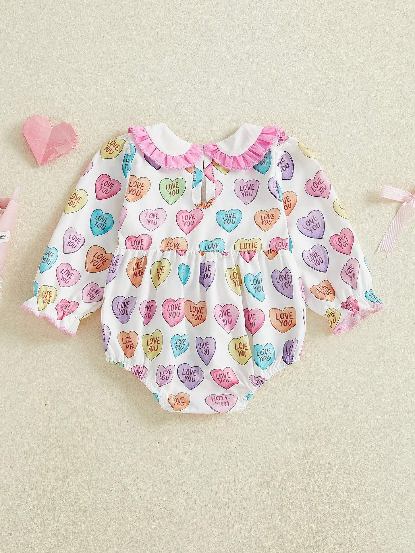 Baby Girl Be Mine Valentine's Day Romper Long Sleeve Doll Collar Letter Heart Candy Print Romper with Bow Decor