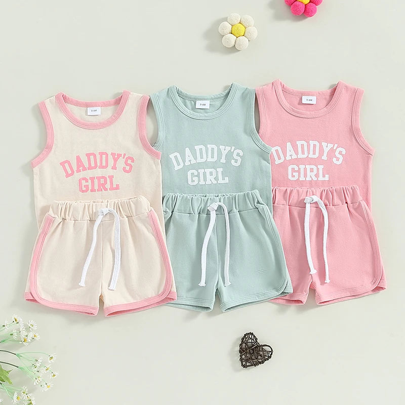 Baby Toddler Girl 2Pcs Daddy's Girl Sleeveless Letter Print Tank Top +  Elastic Waist Shorts Outfit Set Father's Day