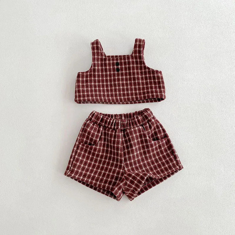 Retro Tweed Vest and Shorts Outfit Set