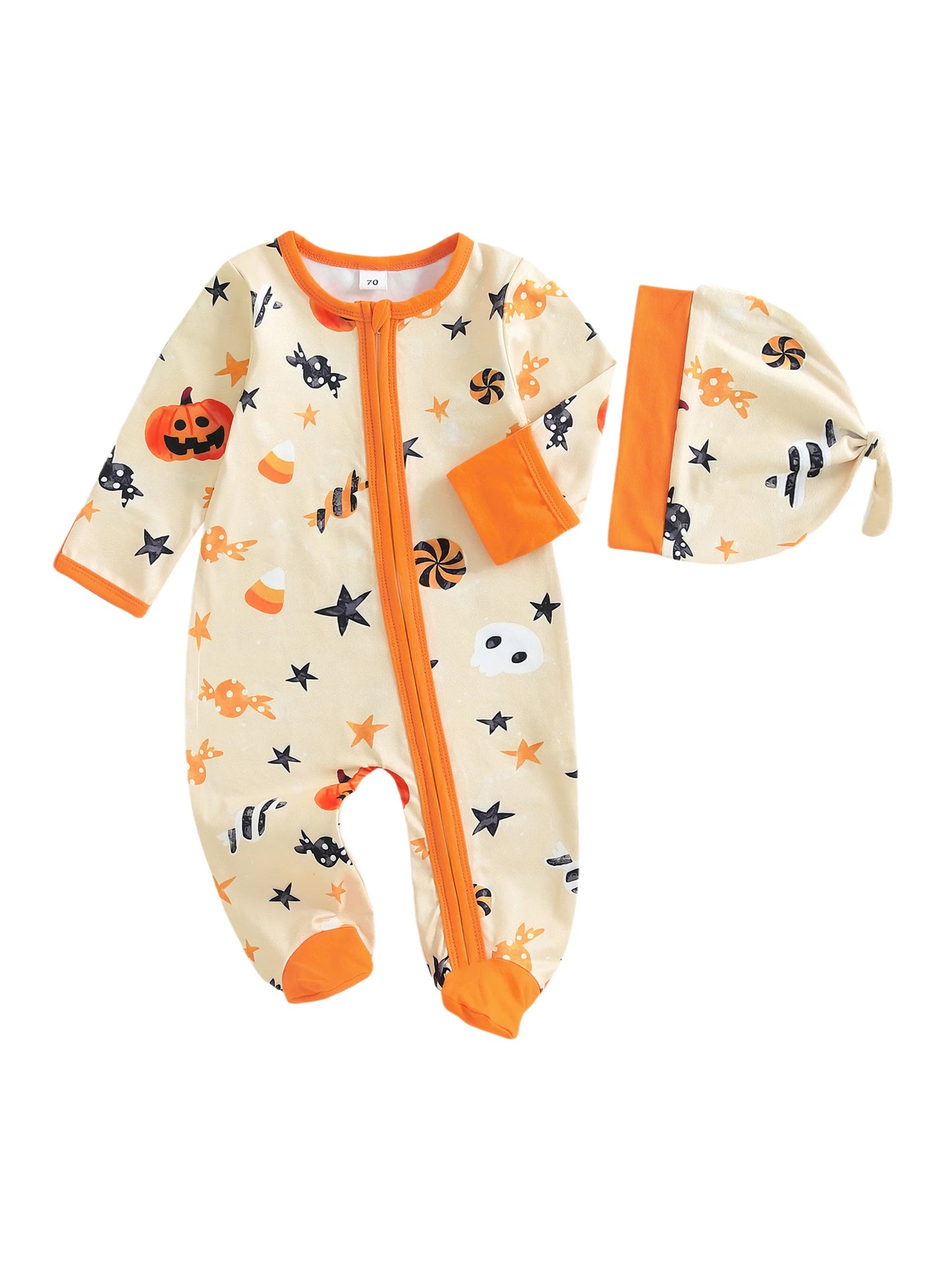 Baby Boys Girls 2Pcs Halloween Outfit Pumpkin Long Sleeve Zip-up Footed Zipper Romper and Knot Hat Fall Set