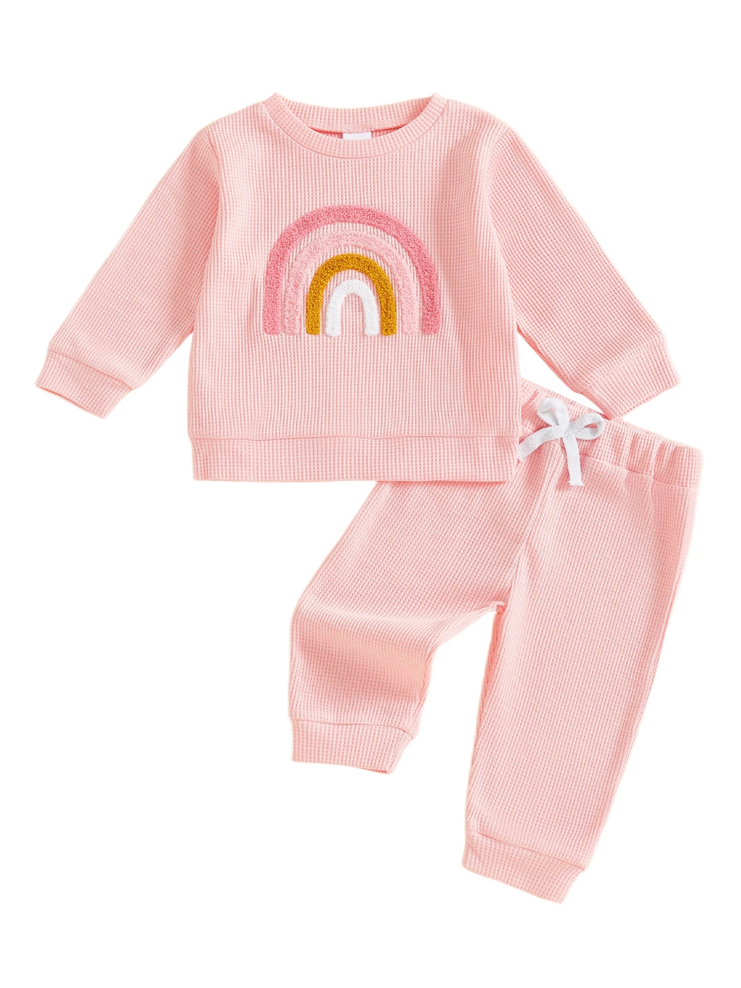 Baby Toddler Girls 2Pcs Fall Set Fashionable Rainbow Embroidery Long Sleeve Pullover Top with Jogger Pants Outfit