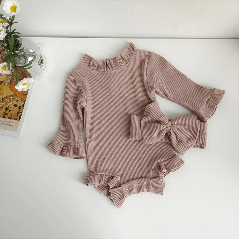 Ruffle Neck Long Sleeve Bodysuit Romper Set