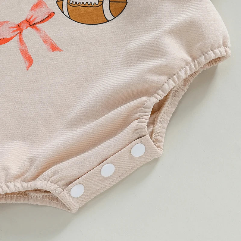 Baby Girl Bubble Romper Long Sleeve Crew Neck Bow Football Print Fall Jumpsuit