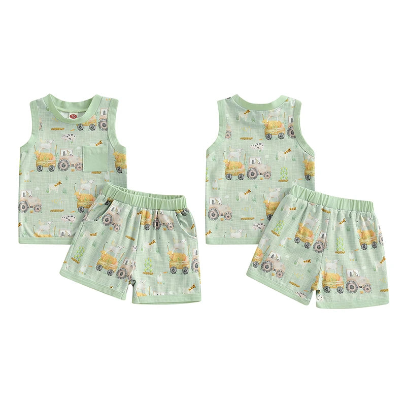 Baby Toddler Boys 2Pcs Tractor Farm Animal Sleeveless Tank Top Elastic Waist Shorts Outfit Summer Clothes Set