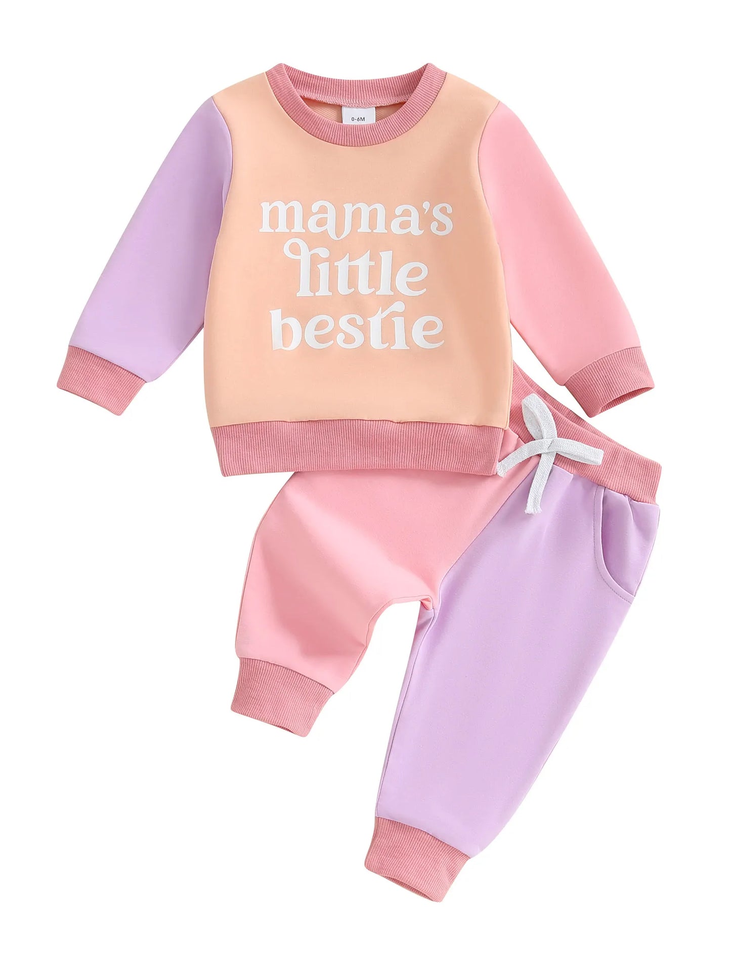 Baby Toddler Girls 2Pcs Mama's Little Bestie Long Sleeve O Neck Contrast Color Top Drawstring Pants Jogger Set