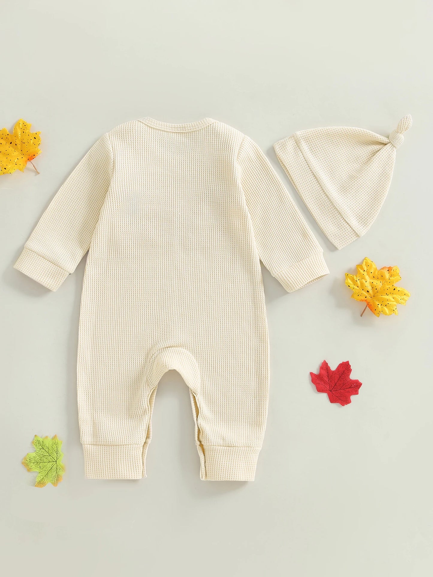 Baby Boys Girls 2Pcs Little Turkey Thanksgiving Outfit Long Sleeve Crew Neck Letter Turkey Embroidery Full Length Romper with Hat Set