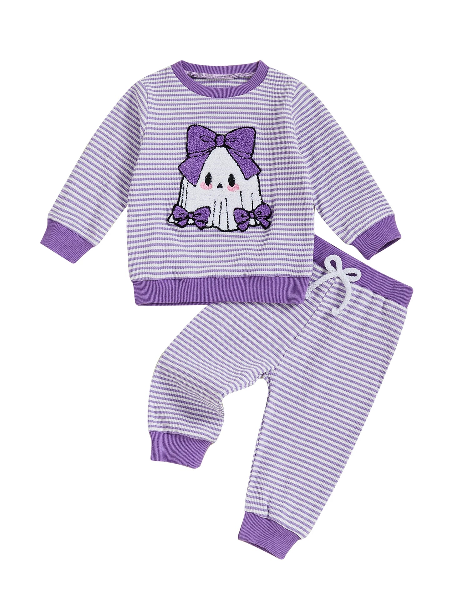 Baby Toddler Girls 2Pcs Pants Set Embroidery Ghost Long Sleeve Top with Striped Jogger Pants Halloween Clothes