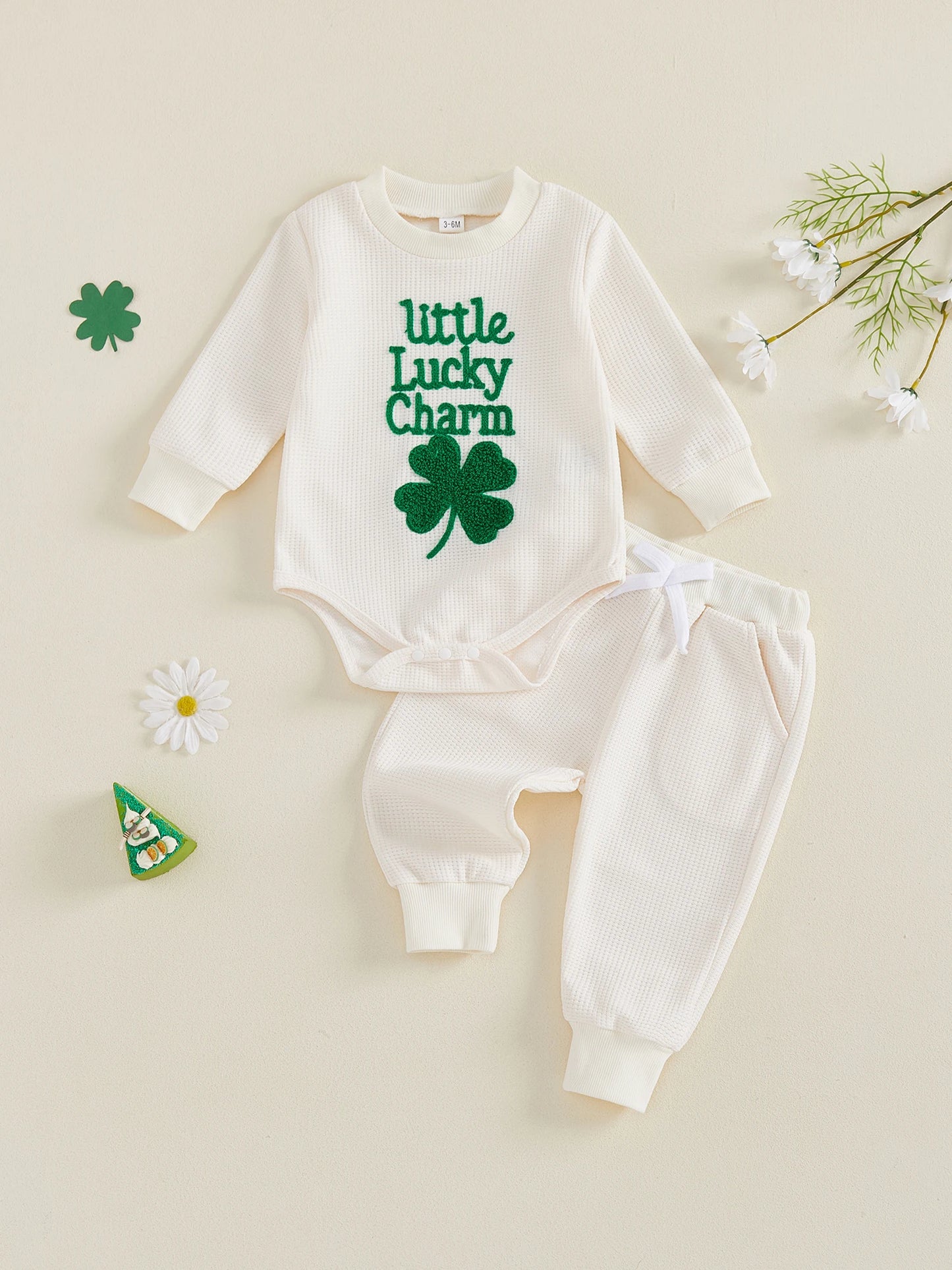 Baby Boys Girls 2Pcs Little Lucky Charm Outfit Long Sleeve O Neck Letter Shamrock Embroidery Jumpsuit Romper and Elastic Waist Pants Set