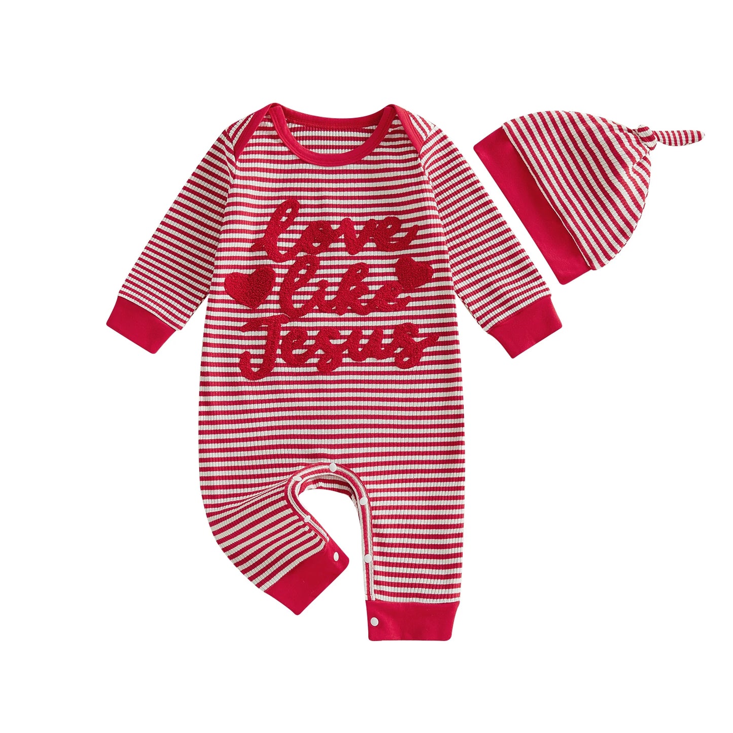Baby Boys Girls 2Pcs Valentine's Day Romper Love Like Jesus Striped Heart Letter Embroidered Long Sleeve Jumpsuit Knotted Hat Set