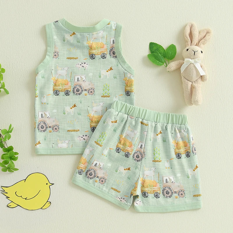 Baby Toddler Boys 2Pcs Tractor Farm Animal Sleeveless Tank Top Elastic Waist Shorts Outfit Summer Clothes Set