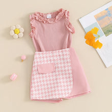 Load image into Gallery viewer, Baby Toddler Kids Girl 2Pcs Summer Outfit Solid Color Ribbed Frills Sleeveless Tank Top and Houndstooth Shorts Skirt Skort Set
