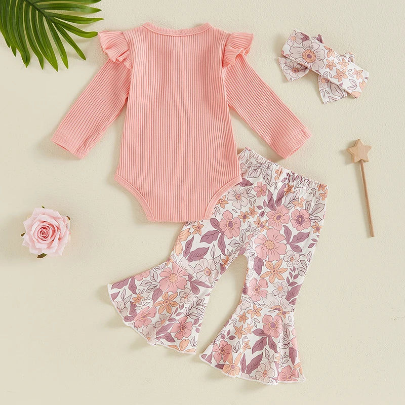 Baby Girls 3Pcs Spring Outfit Solid Color Ribbed Button Long Sleeve Romper Flowers Floral Print Flared Pants with Bow and Headband Set