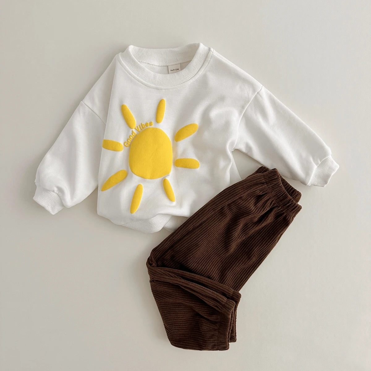 Baby Toddler Boys Girls 2Pcs Good Vibes WAves / Flower / Sun Long Sleeve Top + Corduroy Pants Outfit Set