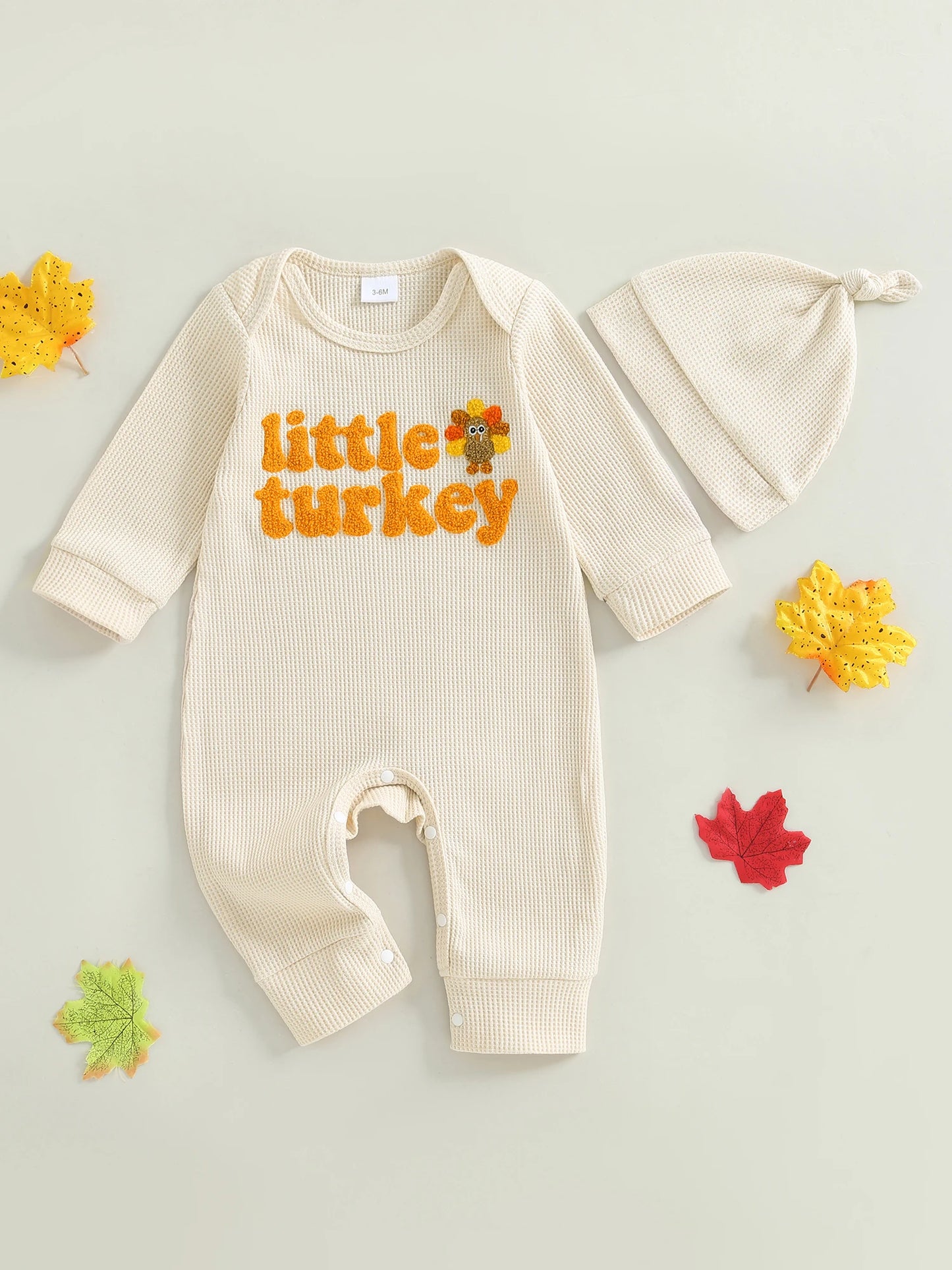 Baby Boys Girls 2Pcs Little Turkey Thanksgiving Outfit Long Sleeve Crew Neck Letter Turkey Embroidery Full Length Romper with Hat Set