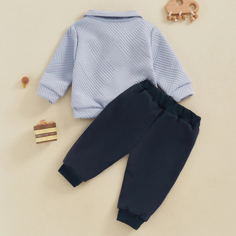Baby Toddler Boys 2Pcs Autumn Outfit Set Long Sleeve Lapel Half Zip Up Pullover Solid Color Pants Set