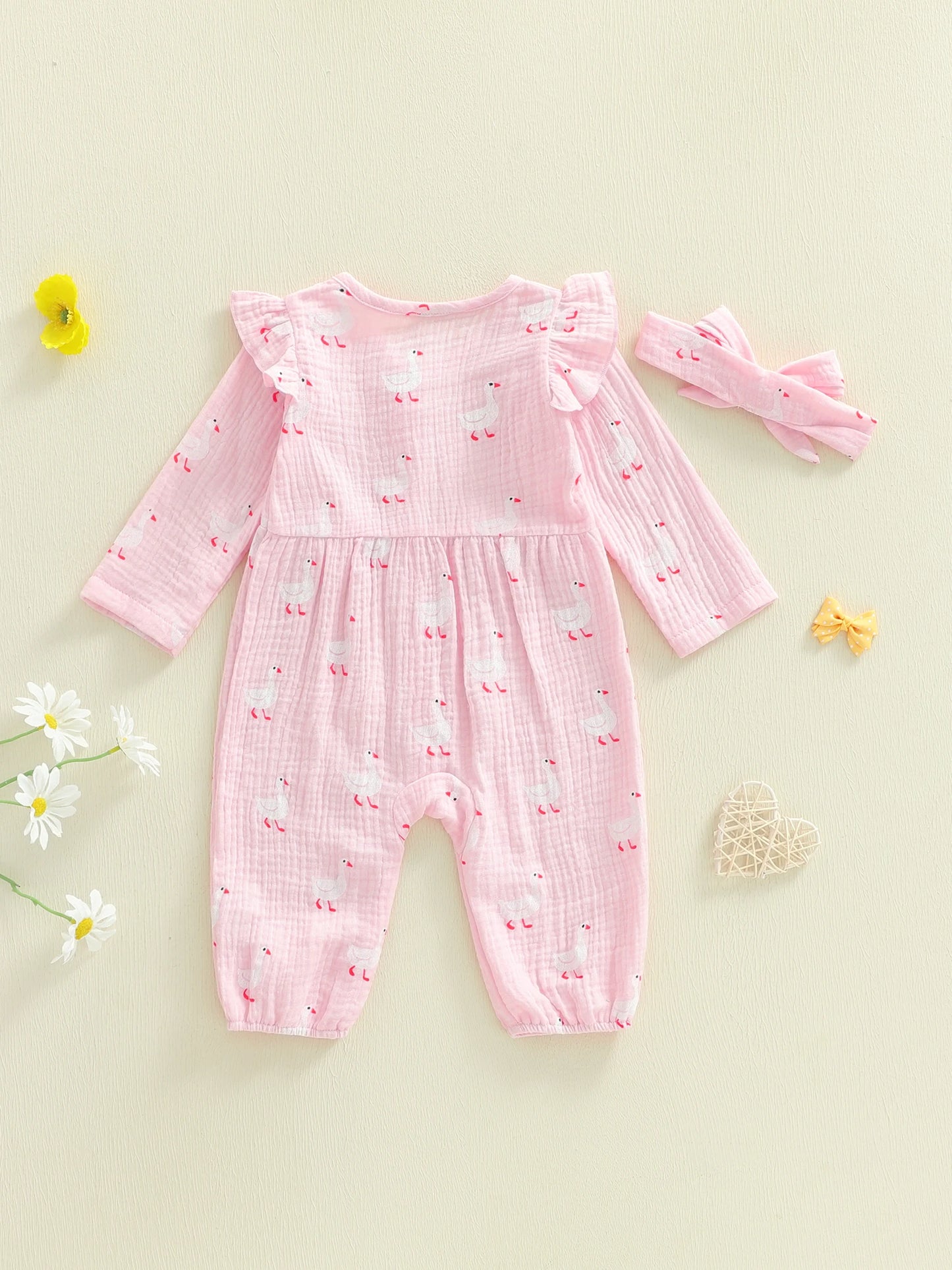 Baby Girl 2Pcs Outfit Duck Bow Ruffle Long Sleeve Romper and Headband 2 Piece Set