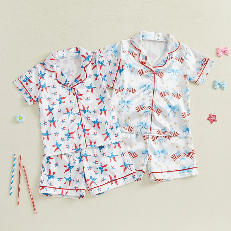 Toddler Girls Patriotic Pajamas Set Summer Star/Bow Print Button up Short Sleeves Shirt with Elastic Shorts for Loungewear