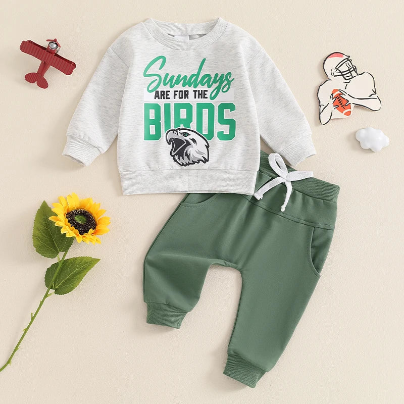 Baby Toddler Boys 2Pcs Sundays Are For the Boys / Team Dino / I'm Just Here For The Snacks / Fall Outfit Letter / Birds Football Print Long Sleeve Top Elastic Waist Pants Set