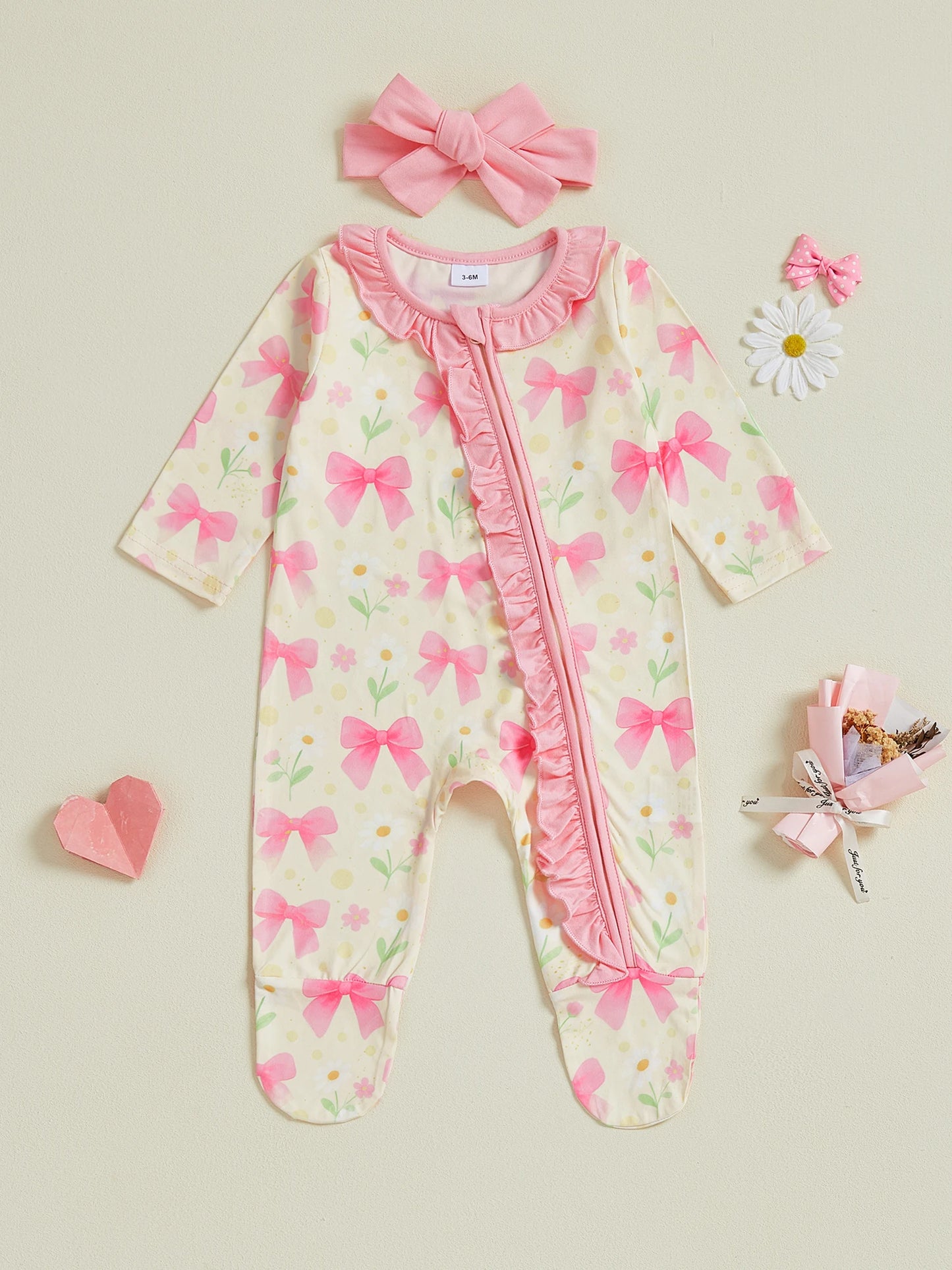 Baby Girl 2Pcs Footed Zipper Romper Floral Bow Print Long Sleeve Zip Up Round Neck Ruffled Jumpsuit with Headband Set