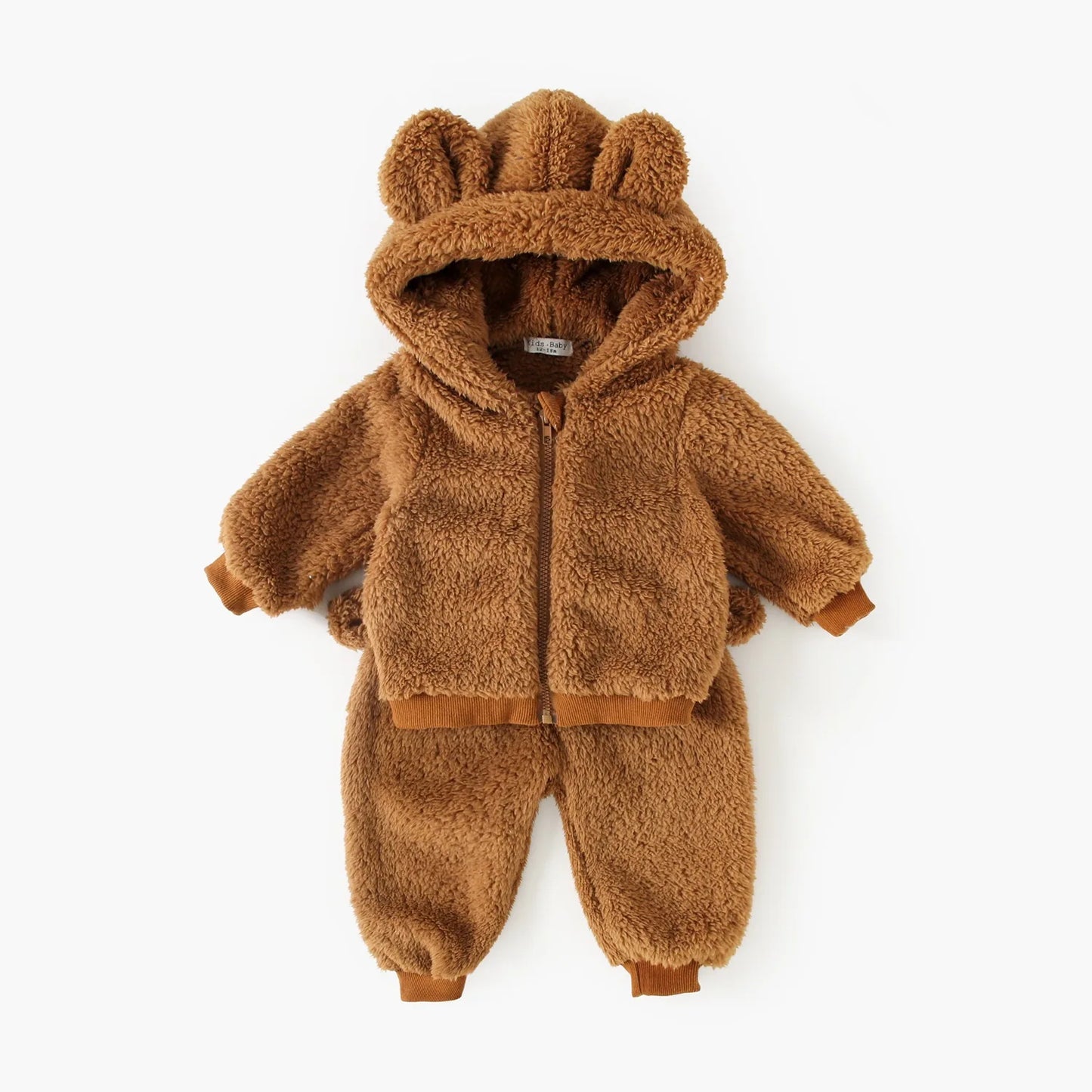 Baby Toddler Boy Girl 2Pcs Bear Winter Clothes Set Zipper Hooded Top with Ears Pant Suit Thick Warm Fleece Two Piece Jogger Set Outfit