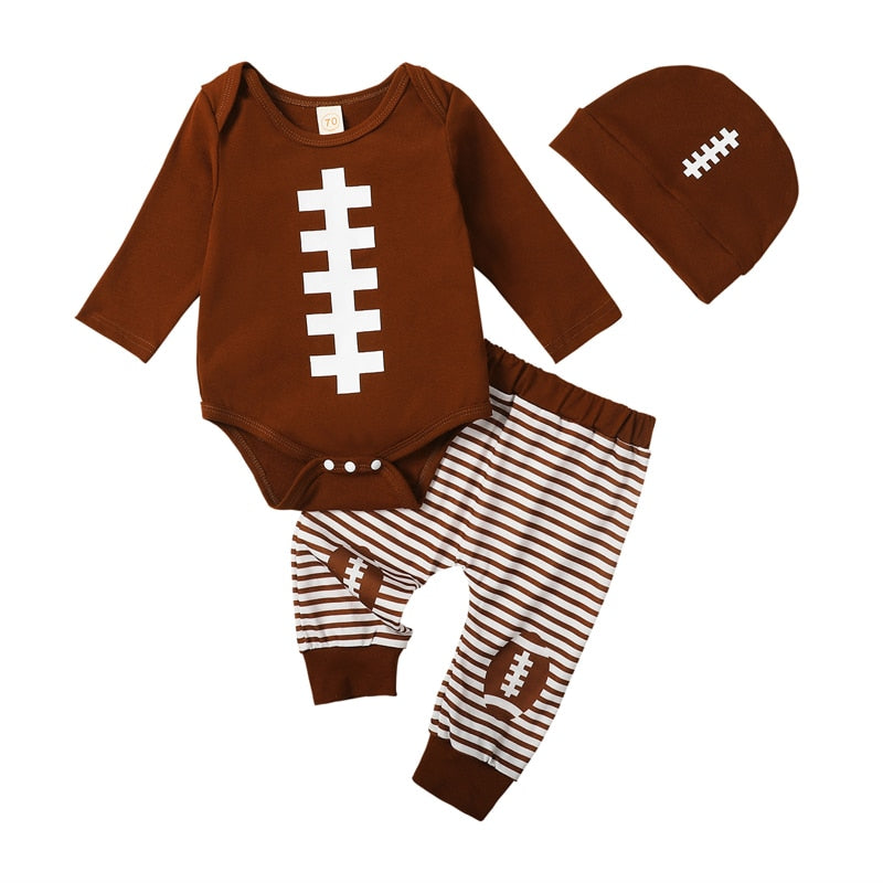 Baby Boy Girl 3Pcs Football Outfit Long Sleeve Romper Stripe Elastic Pants Hat Clothes Set