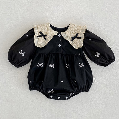 Ribbon Long Sleeve Embroidery Bodysuits Romper