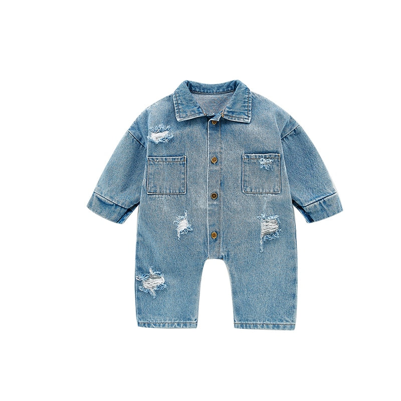 Long Sleeve Distress Denim Jumpsuit Romper