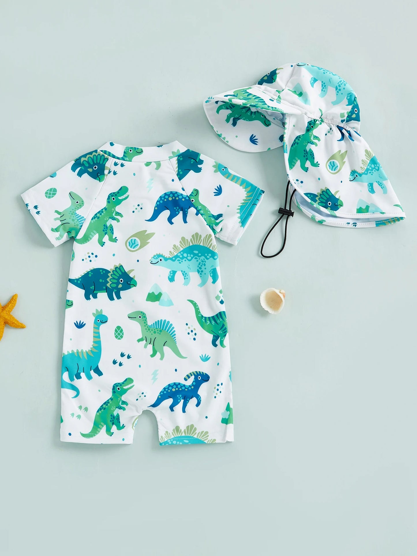 Toddler Kids Boys 2Pcs Swimsuit Set Dinosaur Print Crew Neck Short Sleeve Upper Zipper Rash Guard Swimwear and Sun Hat