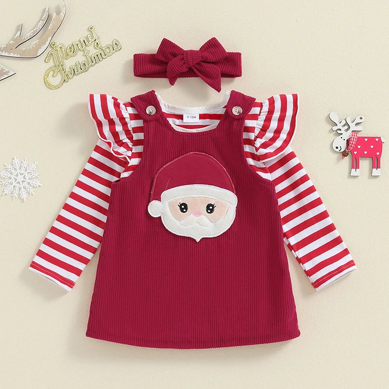 Baby Girls 2Pcs Thanksgiving Christmas Outfits Stripe Long Sleeve Romper Turkey / Santa Embroidery Overalls Dress Headband Set