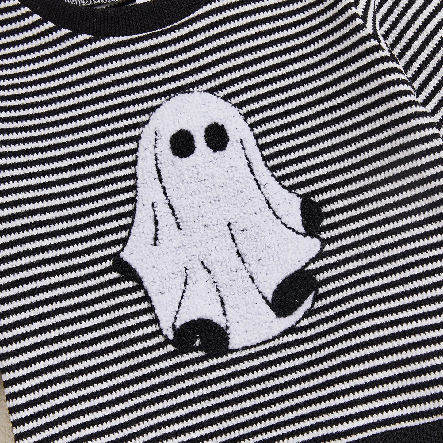 Baby Toddler Boys 2Pcs Halloween Outfit Ghost Embroidery Striped Long Sleeve Top and Elastic Pants Clothes Set