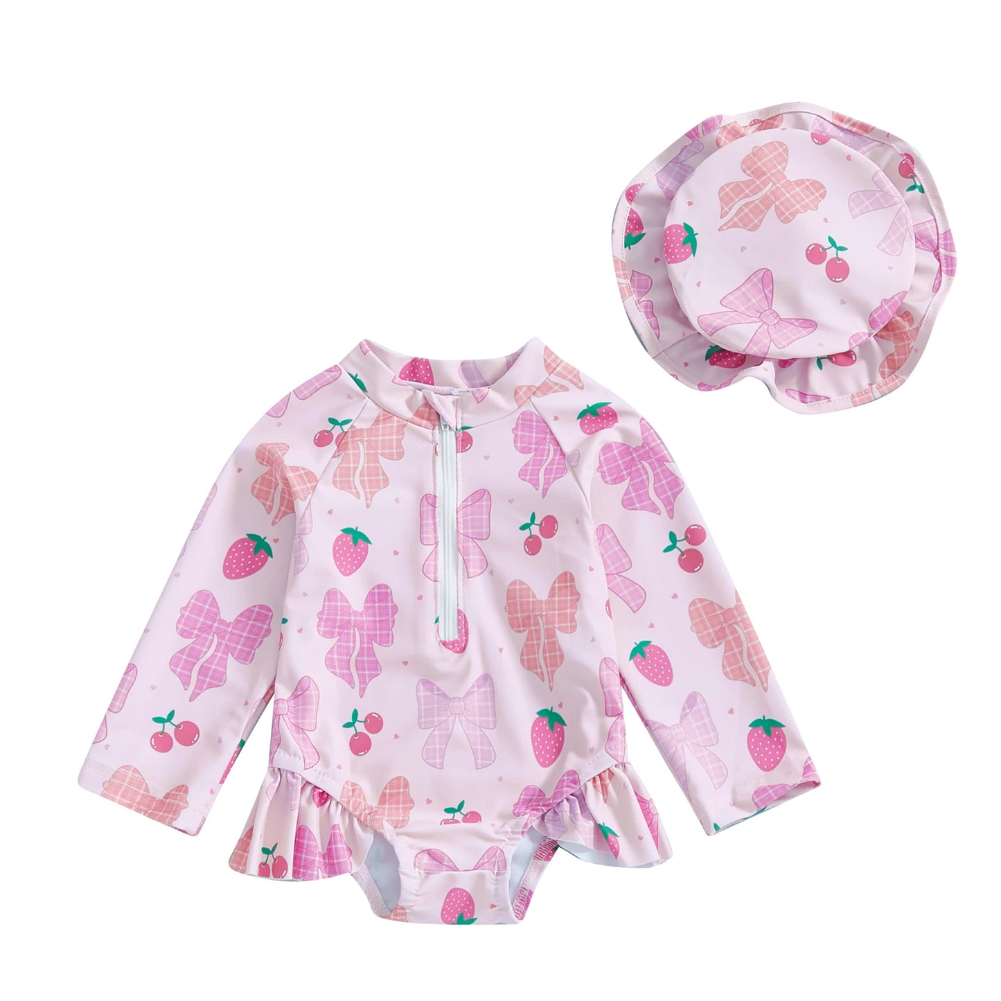 Baby Toddler Girls 2Pcs Rash Guard Swimsuit with Hat Bow Floral Print Zip Up Long Sleeve Crew Neck Swimwear Bathing Suit Set