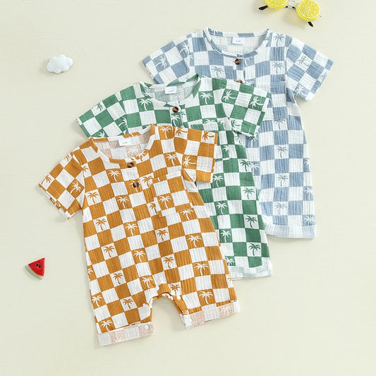 Baby Boy Romper Summer Short Sleeve Round Neck Checkered Tree Print Jumpsuit Playsuit