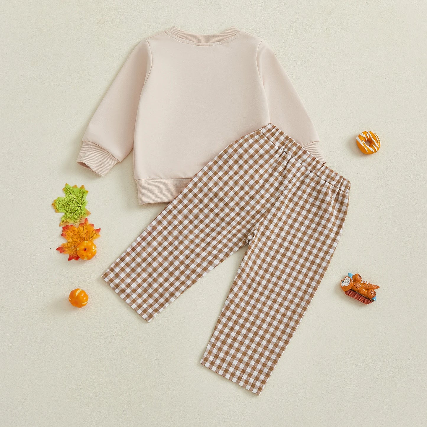 Baby Toddler Boys Girls 2Pcs Thanksgiving Outfit Pumpkin Turkey Pie Long Sleeve Crewneck Top Plaid Elastic Waist Pants Set