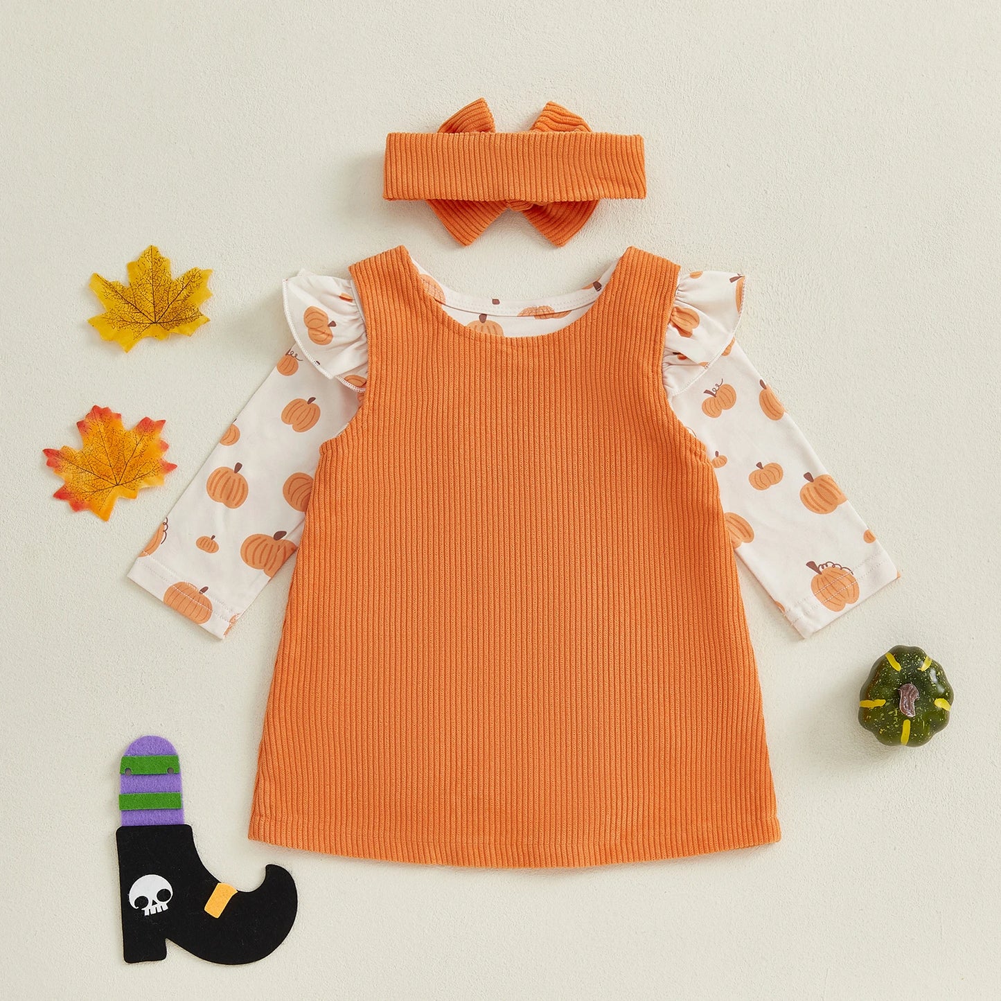 Baby Girls 3Pcs Halloween Outfit Pumpkin Ruffle Long Sleeve Romper Overall Dress Headband Set