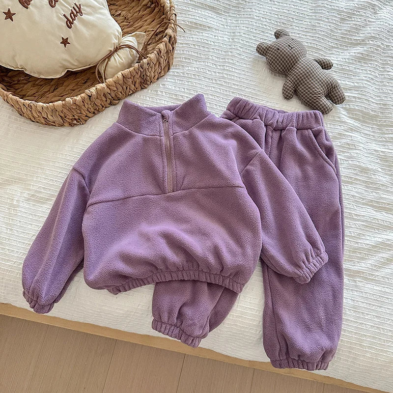 Toddler Kid Boy Girl 2Pcs Clothes Set Fleece Pullover Top Pant Suit Casual Warm Thick Winter Two Piece Jogger Set