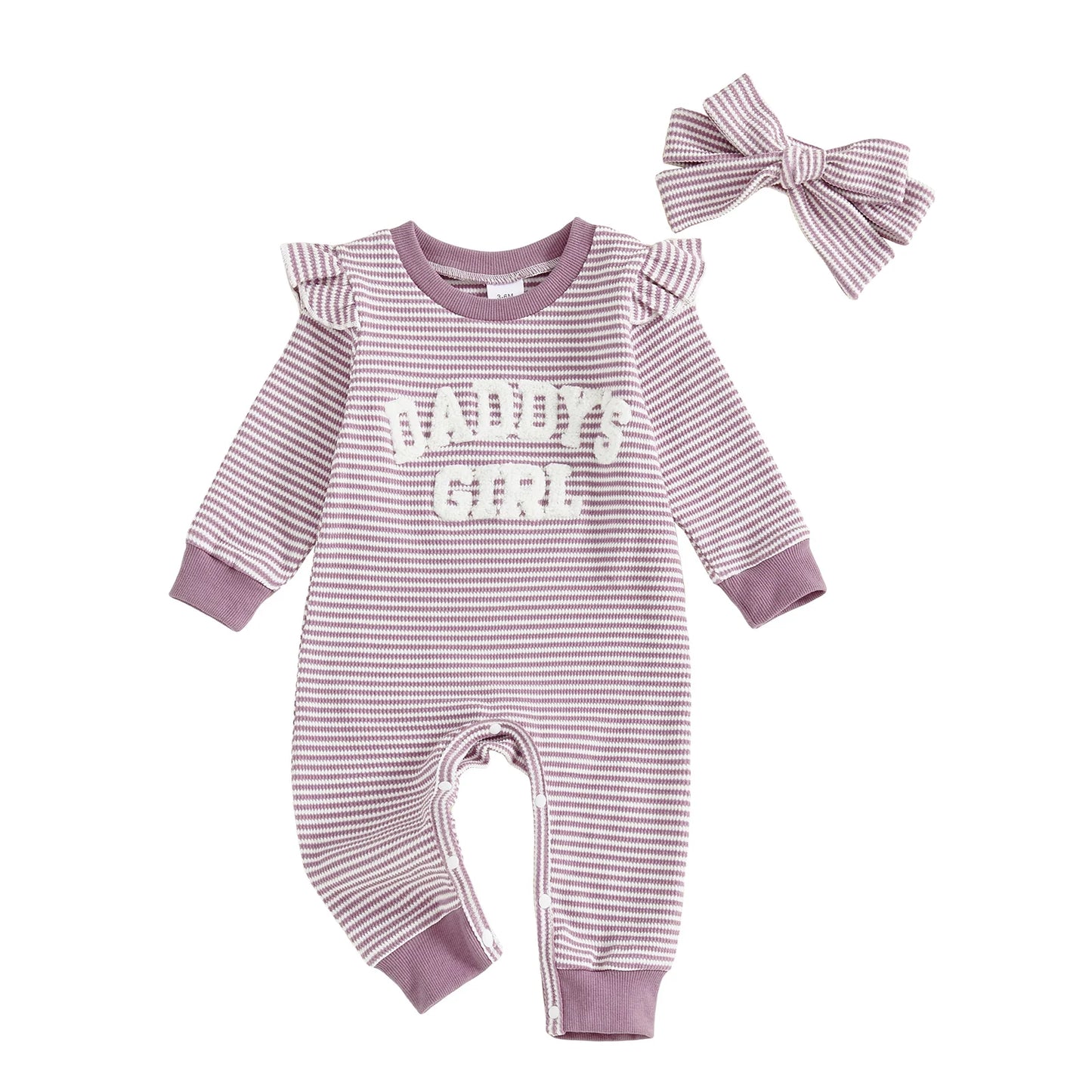 Baby Girls 2Pcs Daddy's Girl Striped Romper Letter Embroidery Ruffled Long Sleeves Jumpsuits and Cute Headband Set