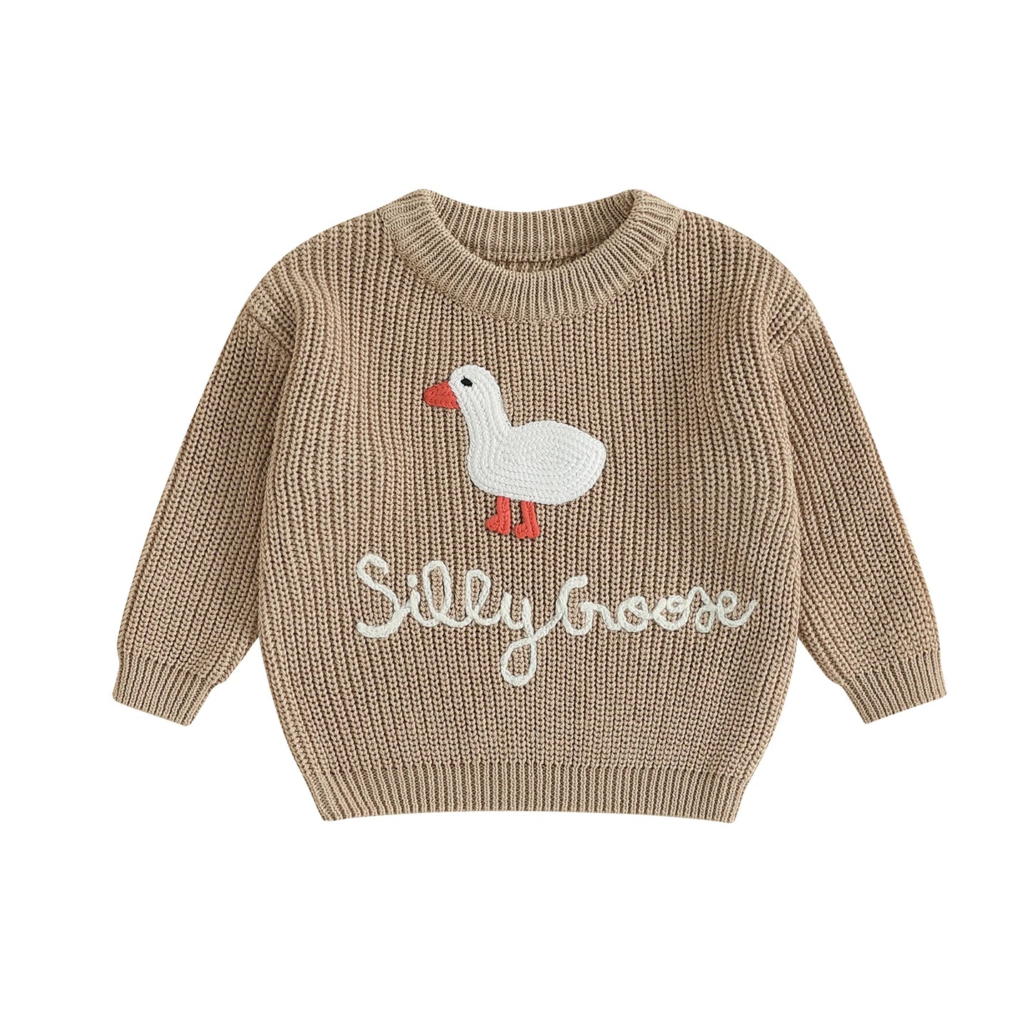 Baby Toddler Boys Girls Silly Goose Sweater Animal Letter Embroidered Crewneck Long Sleeve Pullover Knit Top