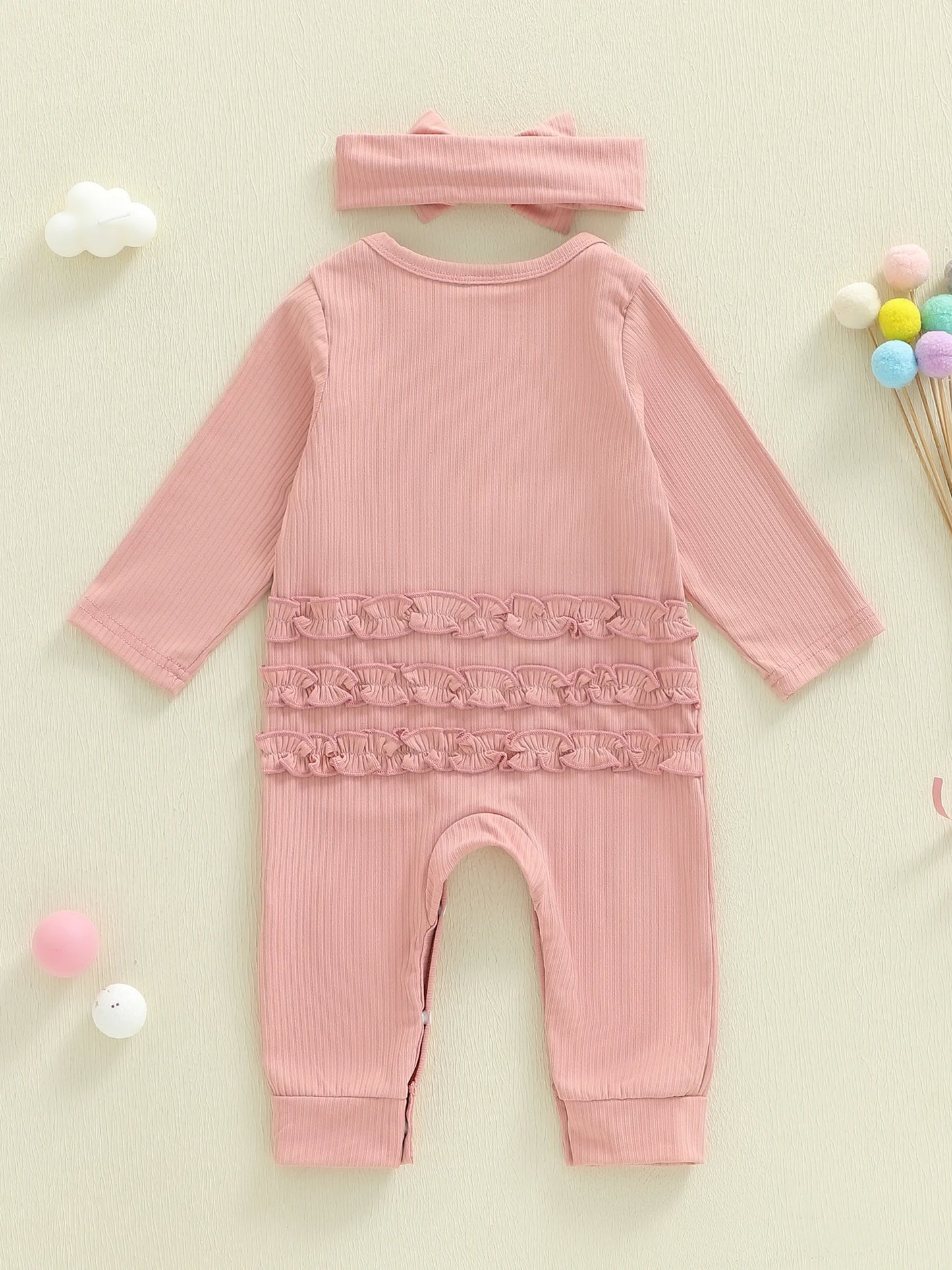 Baby Girl 2Pcs Sunday Outfit Golf Embroidered Ribbed Crew Neck Long Sleeve Romper and Bow Headband Set