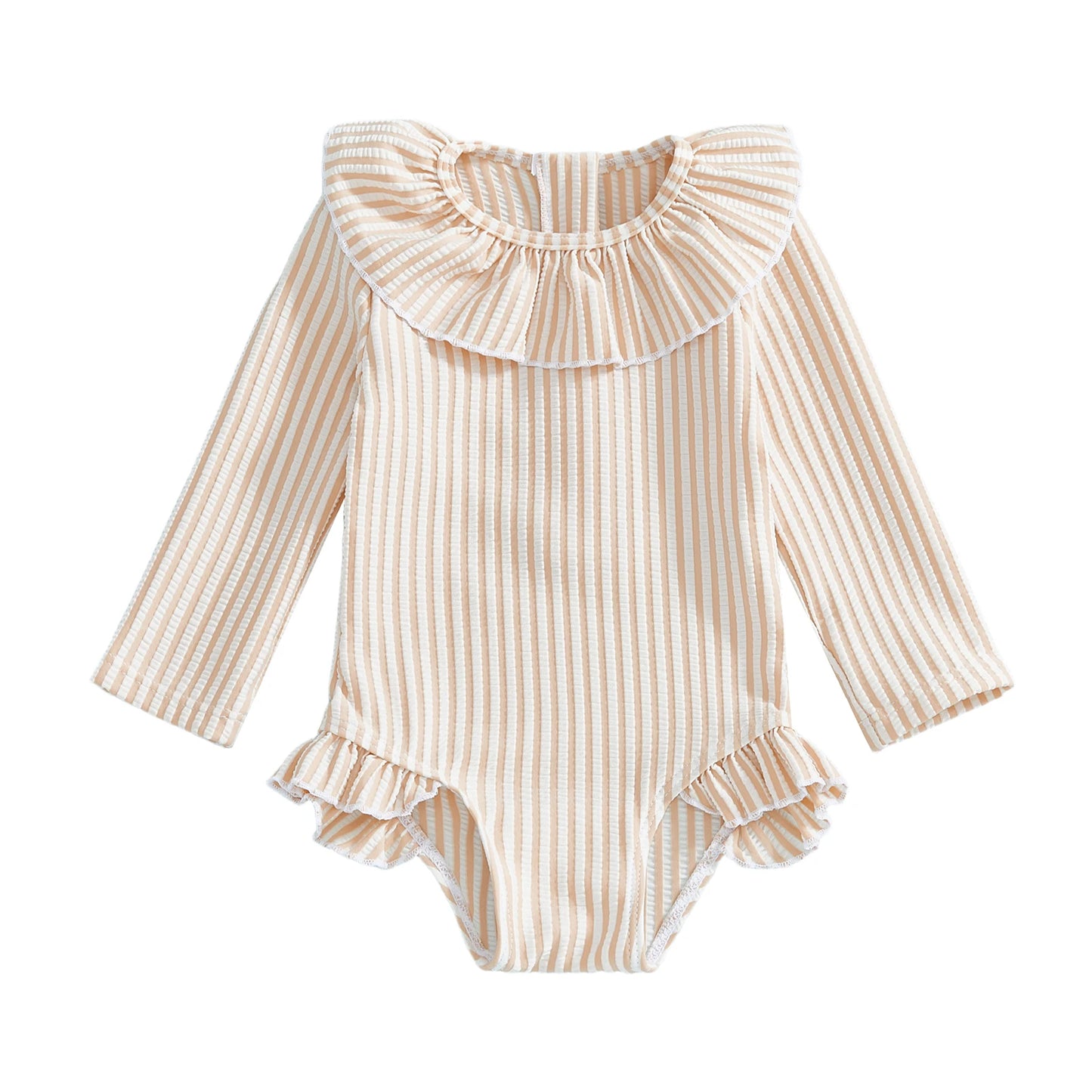 Baby Toddler Girl Rash Guard Swimsuit Long Sleeve Ruffled Collar Striped Swimwear Bathing Suit for Beach Pool