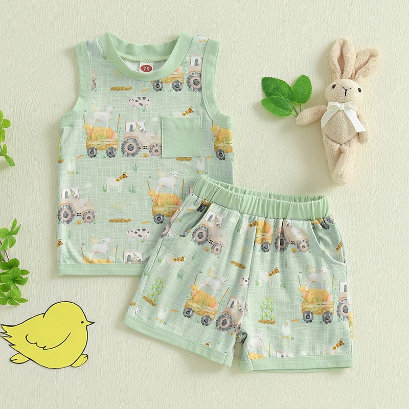 Baby Toddler Boys 2Pcs Tractor Farm Animal Sleeveless Tank Top Elastic Waist Shorts Outfit Summer Clothes Set