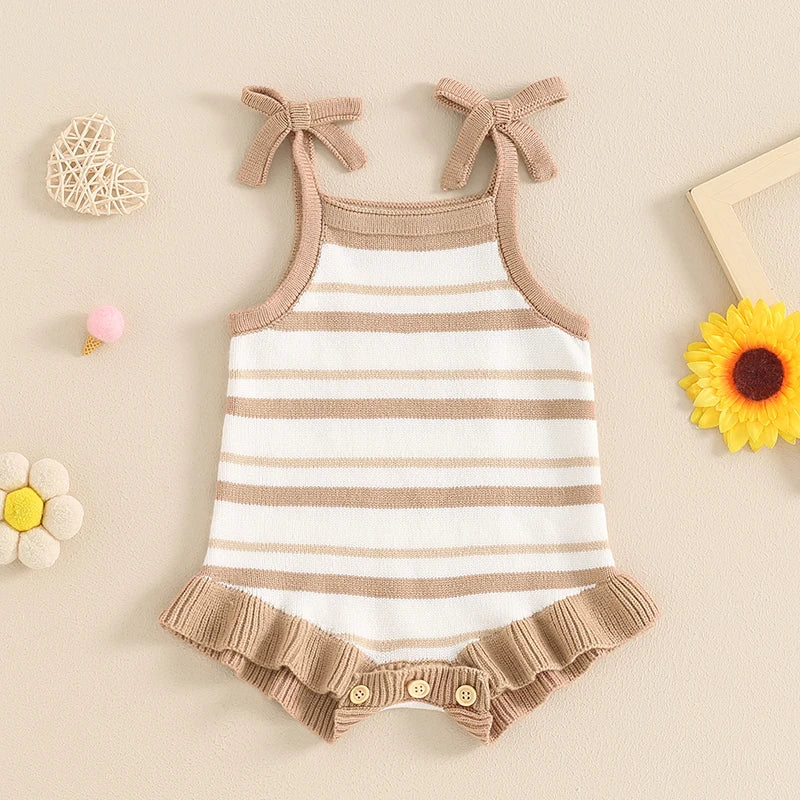 Baby Girls Summer Romper Sleeveless Tank Bow Strap Ruffle Striped Ribbed Jumpsuit Playsuit