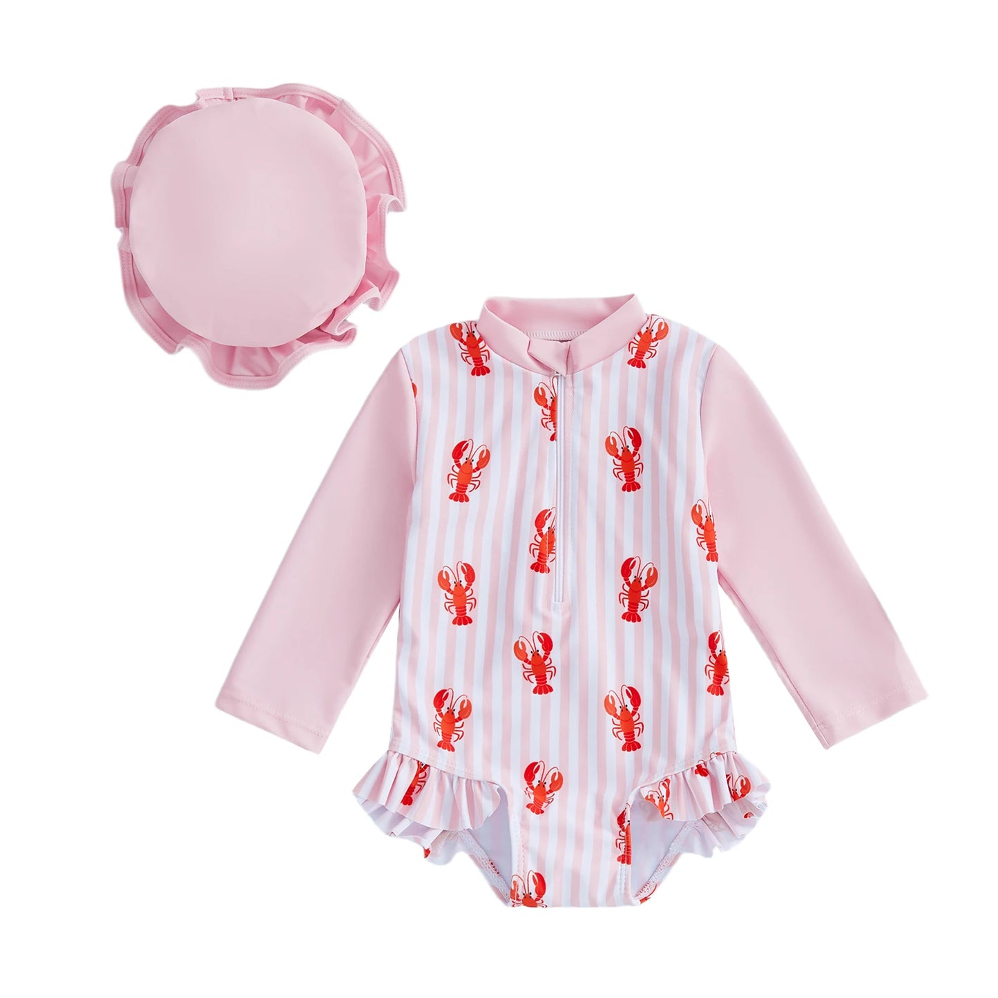 Baby Toddler Girls 2Pcs Rash Guard Swimsuit Long Sleeve Lobster Crab Print Ruffled Swimwear for Beach Set