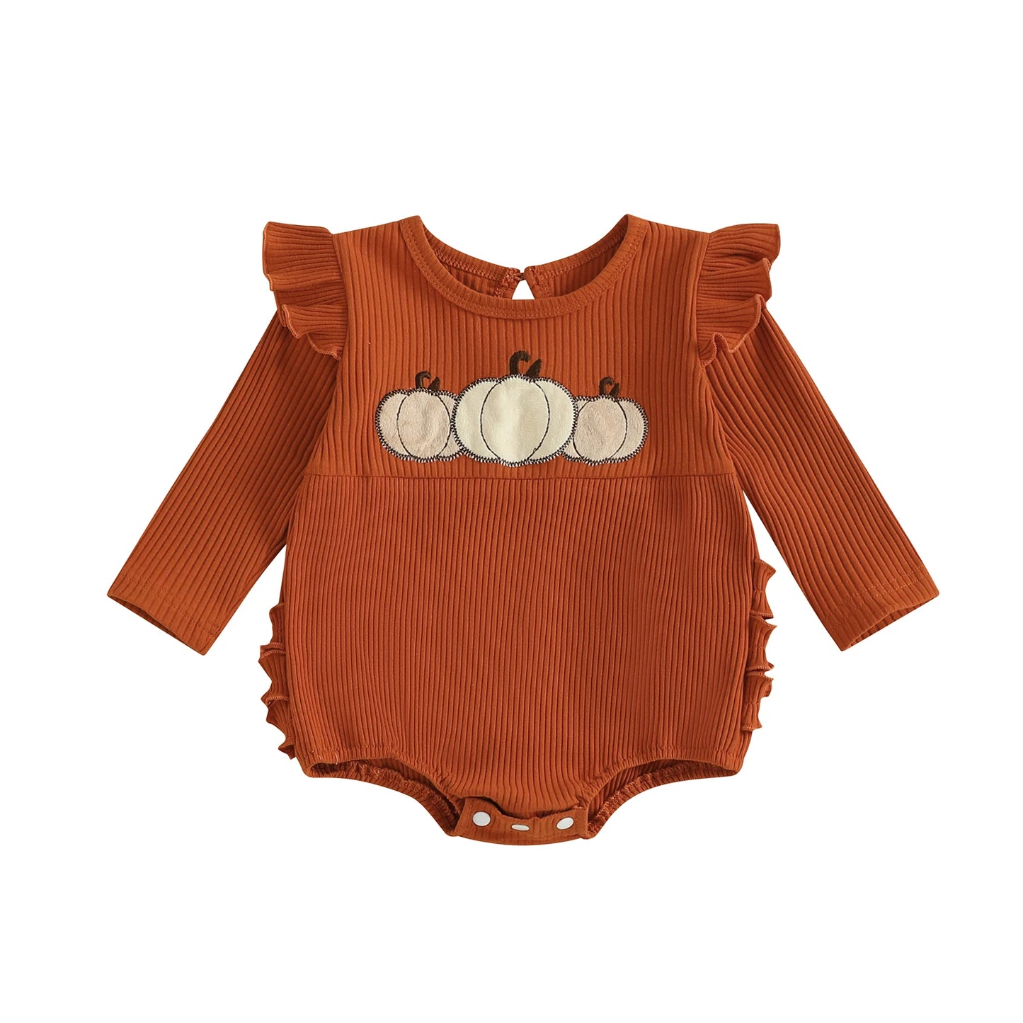 Baby Girl Pumpkin Embroidered Jumpsuit Halloween Fall Long Sleeve Round Neck Ruffle Romper