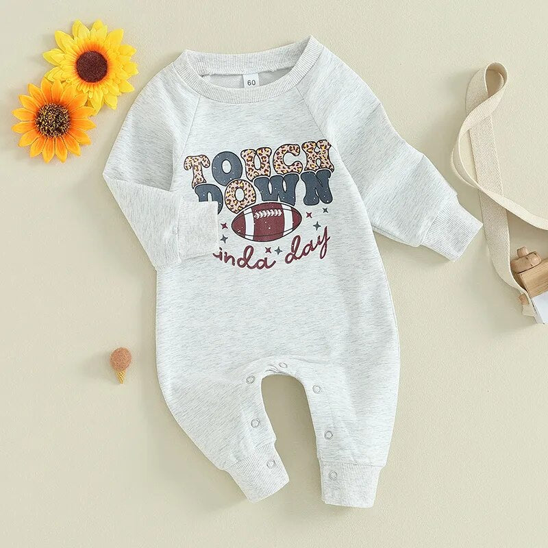 Baby Boys Girls Football Romper Letter Touchdown Kinda Day Long Sleeve Round Neck Loose Fit Jumpsuit