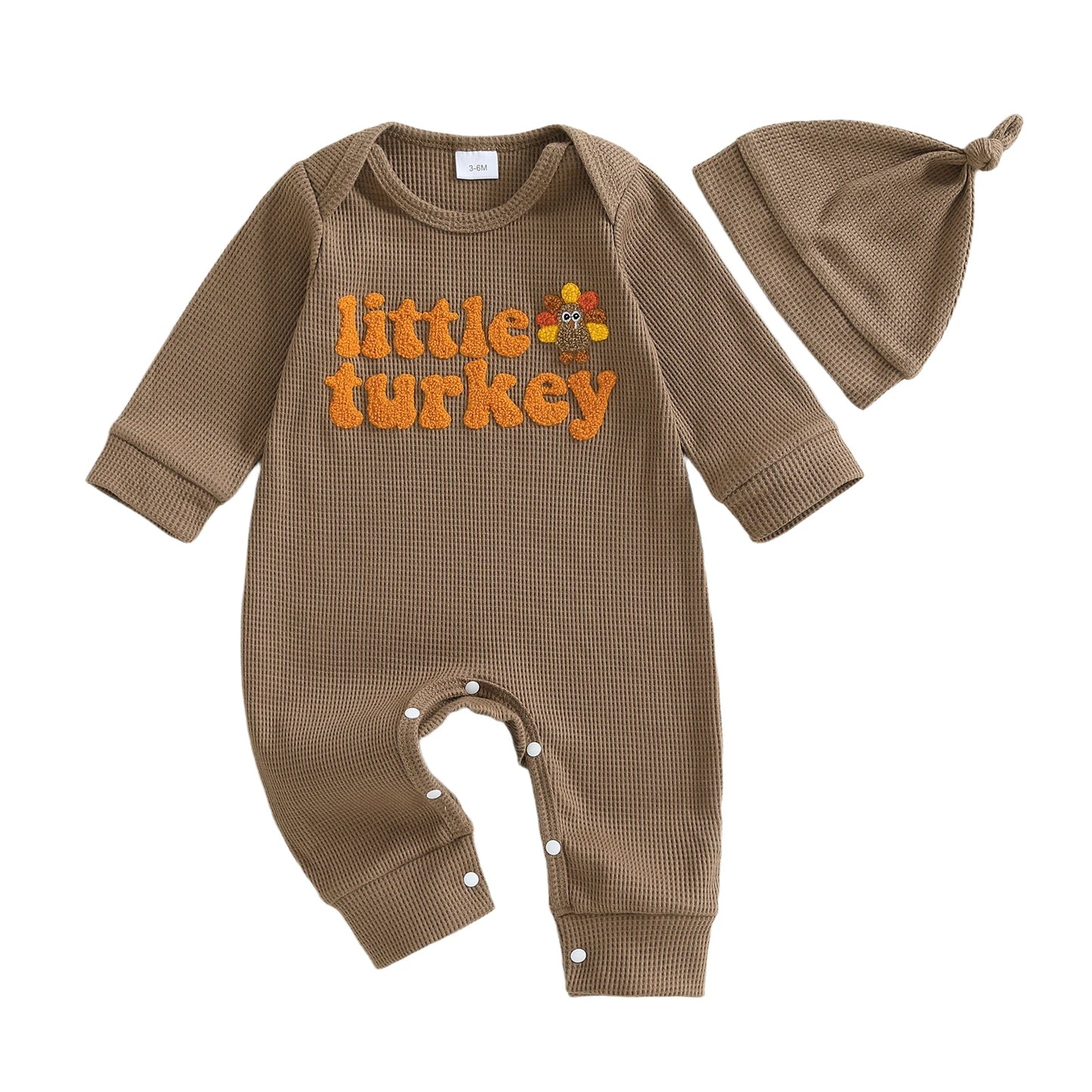 Baby Boys Girls 2Pcs Little Turkey Thanksgiving Outfit Long Sleeve Crew Neck Letter Turkey Embroidery Full Length Romper with Hat Set